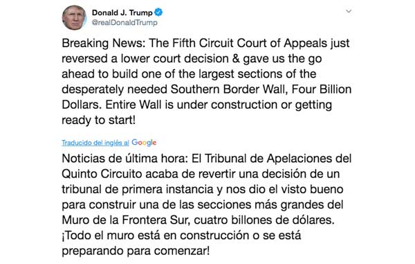 Tribunal de EU aprueba 4 billones de dólares para construcción del muro 1 te