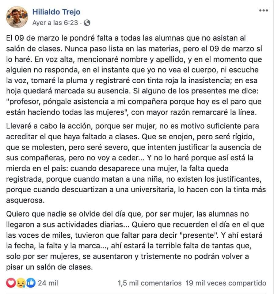 Profesor pondrá falta a las alumnas el 9 de marzo 1 88015426 10219691151002042 6193895624597831680 n