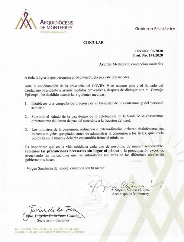 Arquidiócesis de Monterrey toma medidas ante COVID-19 1 88108713 194049188602978 2781603228150661120 n