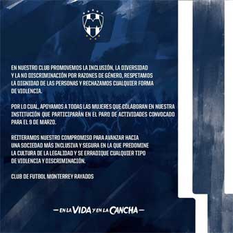 Rayados se une al paro nacional del 9 de marzo 1 COMUNICADO2