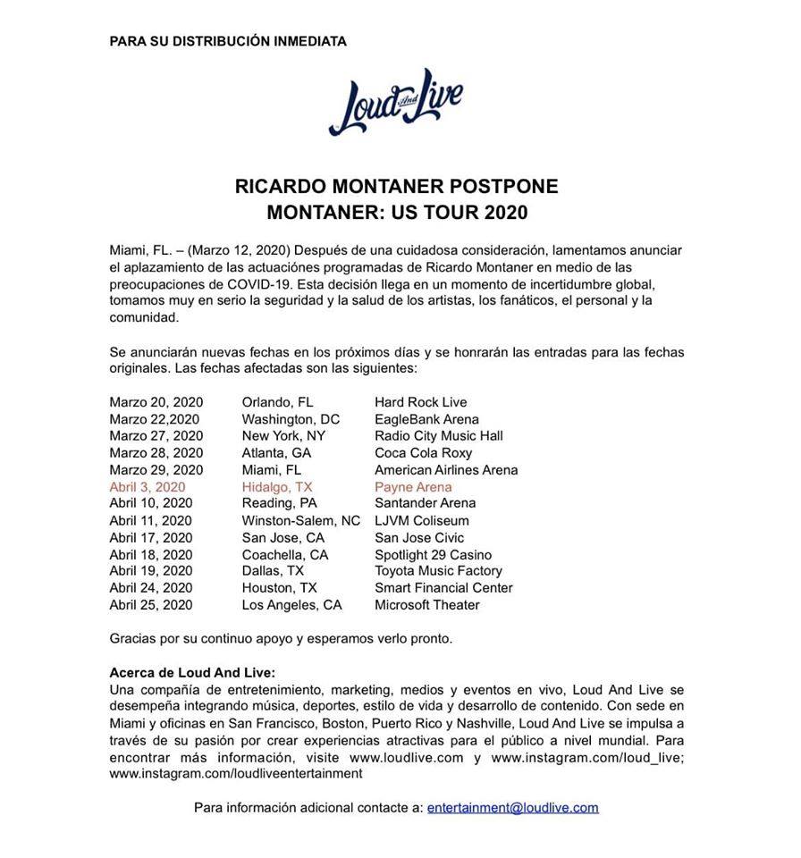 Suspende Ricardo Montaner tour por la unión americana ante coronavirus 1 89027620 244831209881153 1347184473132761088 n