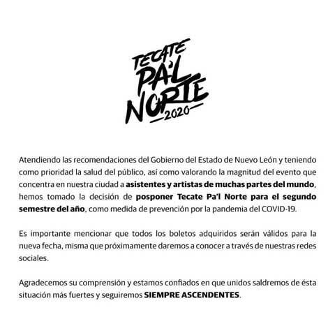 Suspenden Pa'l Norte por coronavirus 2 ANUNCIO