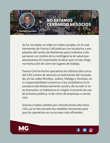 No hay orden de cerrar negocios: Manuel González 1 Cierre no 2