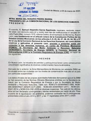 Denuncia Samuel a refinería de Cadereyta ante CNDH y CEDH 1 HOJA 1