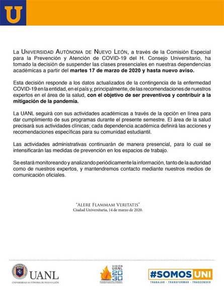 UANL suspende clases presenciales por el Covid-19 1 UANL 1