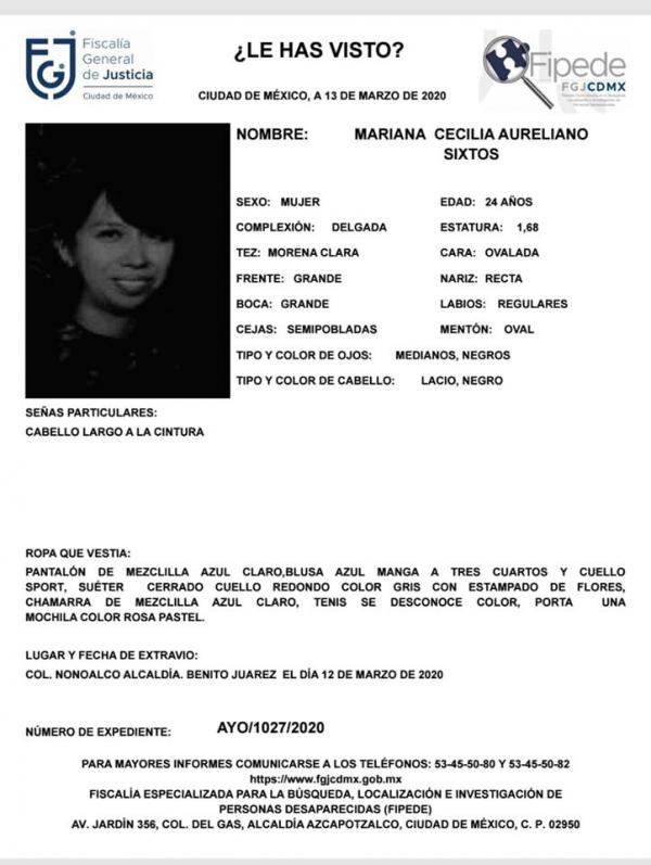 Reportan desaparición de estudiante de Filosofía de la UNAM 1 ficha busqueda mariana cecilia unam