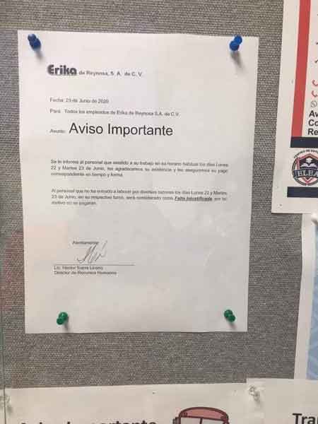 Sin acuerdo en Erika de Reynosa; obreros exigen sanitización 3 Erika 2