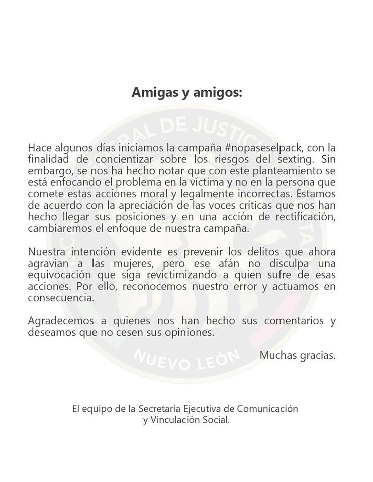 Fiscalía de NL se disculpa y retira campaña contra el sexting 1 107801653 2524300824339658 6972532241658992594 n