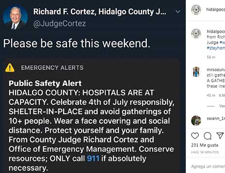 Con mensajes de texto alertan en Condado de Hidalgo sobre pandemia 1 TWITTER