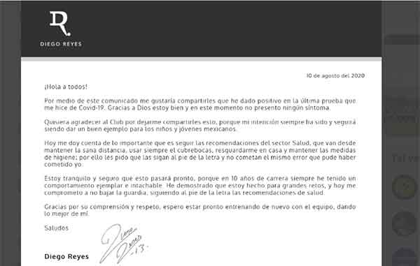 Diego Reyes da positivo por Covid-19 1 DIEGO