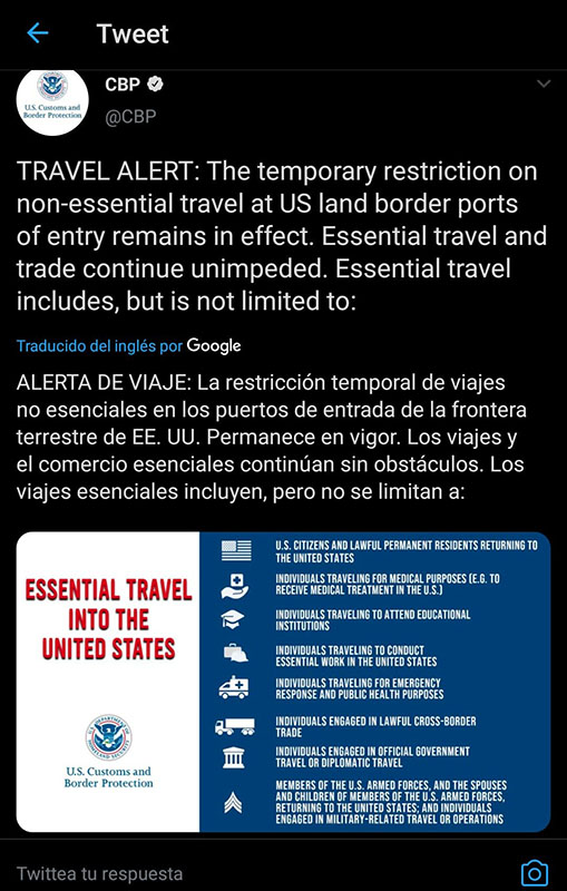 Viajes ‘no esenciales’ a Estados Unidos, siguen restringidos 1 118939184 3512730232082410 3916415021153785211 n