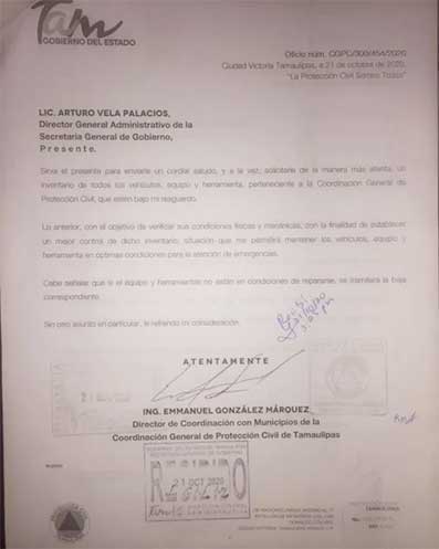 PC de Tamaulipas desmiente oficio de CFE sobre incendio que causó apagón 2 OFICIO