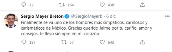 'Se pasa' Sergio Mayer con despedida de Jaime Camil Garza 1 TUIT 1