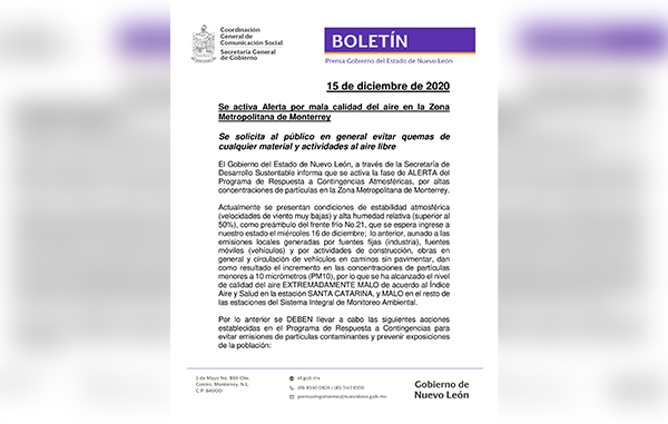 Otra vez, activan alerta por mala calidad del aire 1 boletin