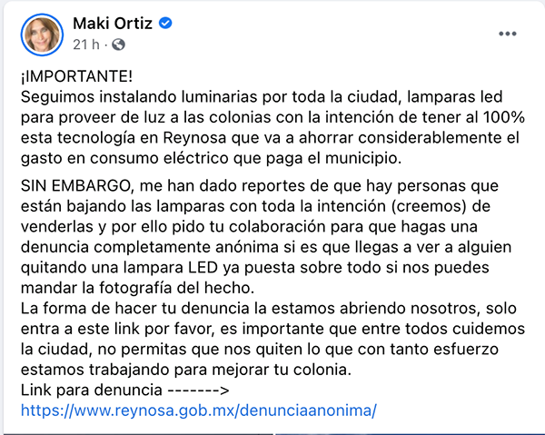 Pide Maki Ortiz denunciar a quienes roben lámparas LED 2 161445574 277860777189510 5648274675783700494 n