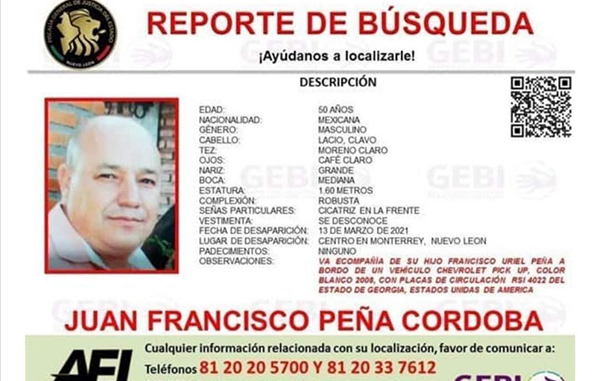 Buscan a joven estadounidense y su padre desaparecidos en Monterrey 1 desaparecido