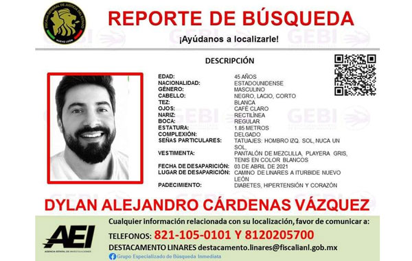 Reportan a estadounidense desaparecido en Linares 1 dyla