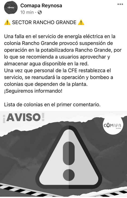 Habitantes de varios sectores de Reynosa se inquietan por falta de luz y agua 1 188556340 960545088105560 2733632153642381487 n