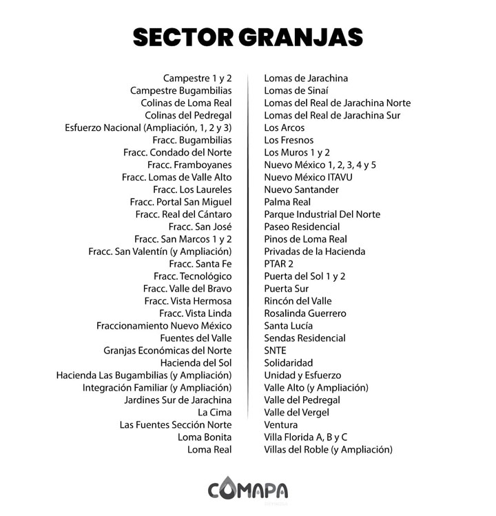 Corta Comapa servicio de agua por 20 horas 1 Sectores sin agua