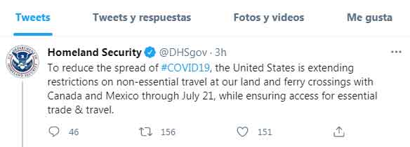 Amplían de nuevo el cierre de fronteras, ahora está hasta el 21 de julio 1 TUIT OK