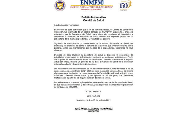 Por Covid, suspenden actividades presenciales en escuela de NL 1 ofi