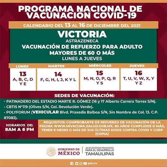 El lunes inicia tercera dosis de vacuna anti Covid-19 en Ciudad Victoria 1 PROGRAMA