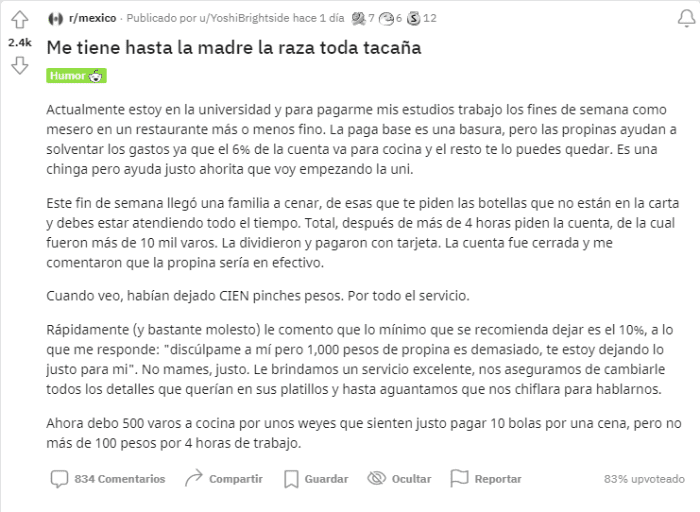 ‘Raza tacaña’; denuncian propina de 100 pesos por cuenta de 10 mil 1 mensaje de mesero