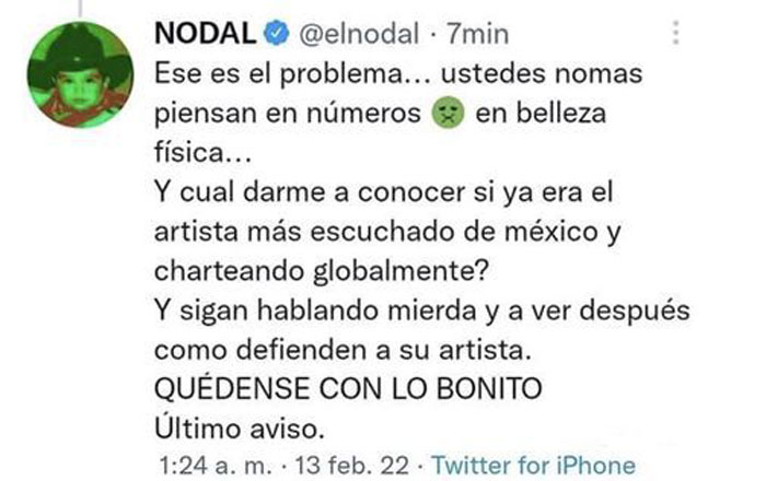 Nodal responde en Twitter: 'Decepción la que me llevé yo' 2 yti