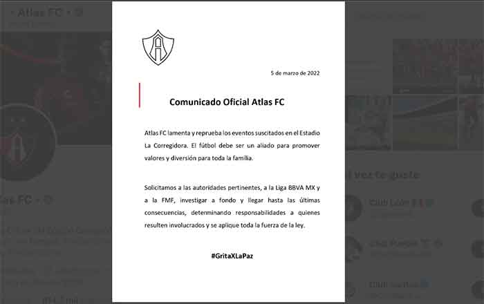 Atlas envía mensaje a sus aficionados afectados en la riña 1 ATLAS