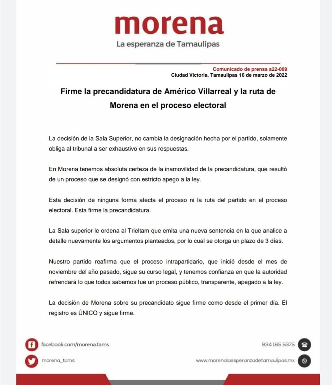Firme la candidatura de Américo Villarreal: Morena 1 Morena