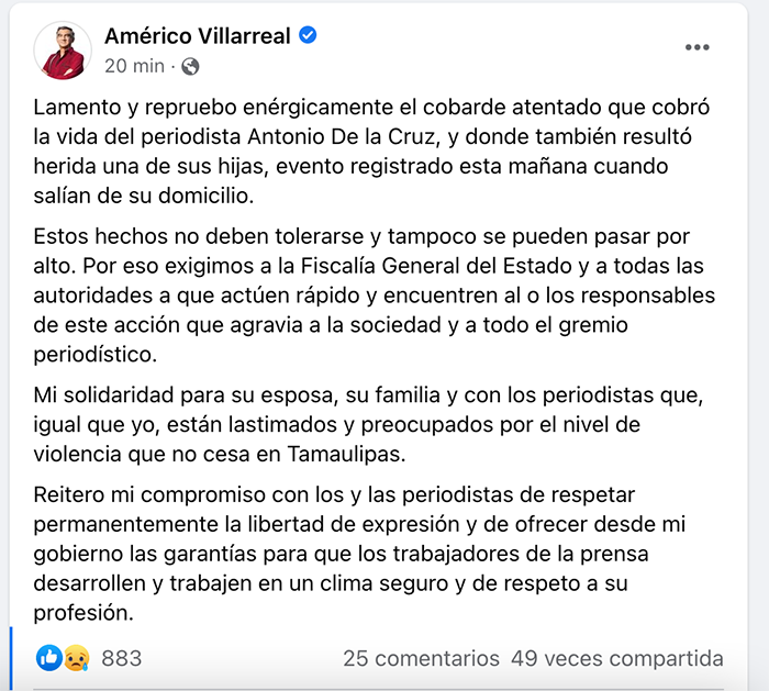 Américo Villarreal reprobó asesinato de periodista en Ciudad Victoria 1 290627357 716346369623174 890129056714064908 n
