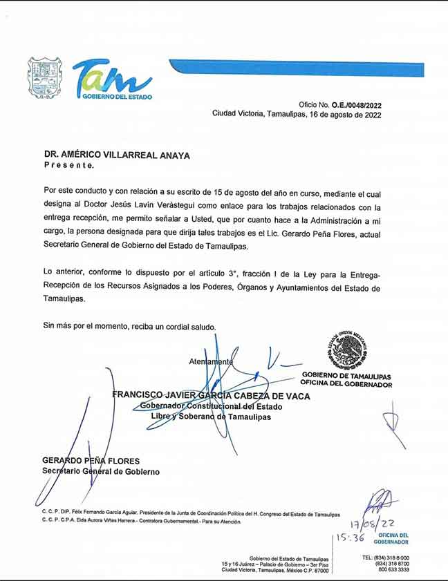 Designa CDV a Gerardo Peña como enlace con Américo Villarreal 2 CARTA A