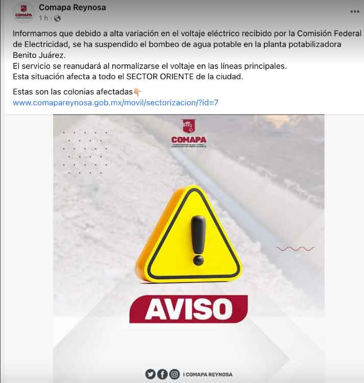 Anuncian otro corte de agua para decenas de colonias en Reynosa 1 CORTE