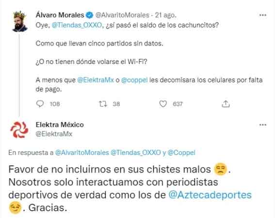 Elektra ningunea a Álvaro Morales por chiste contra Pumas 1 tuit 1