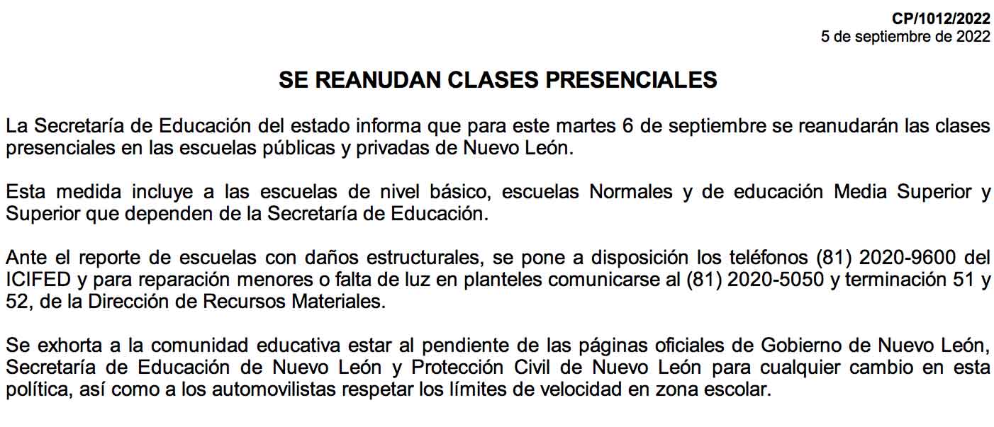 Se reanudan las clases presenciales en Nuevo León 1 MEMO
