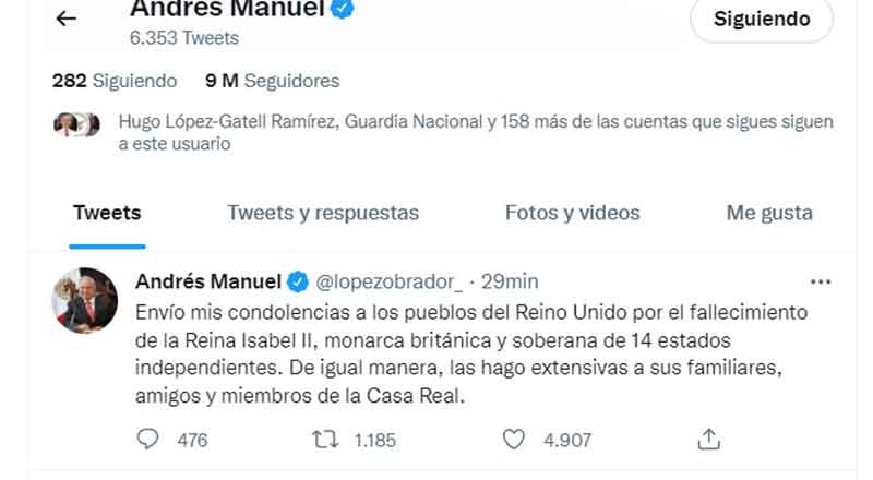 AMLO expresa sus condolencias por la muerte de la Reina 1 tuit