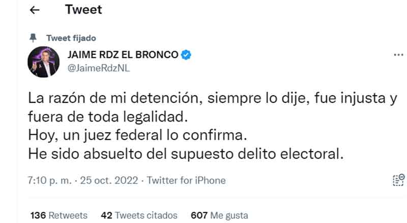Juez absuelve a ‘El Bronco’ de delitos electorales 1 TUIT 1