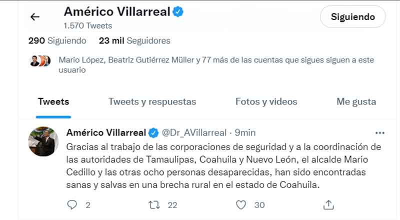 Aparece alcalde desaparecido en Nuevo Laredo 1 TUIT AMERICO