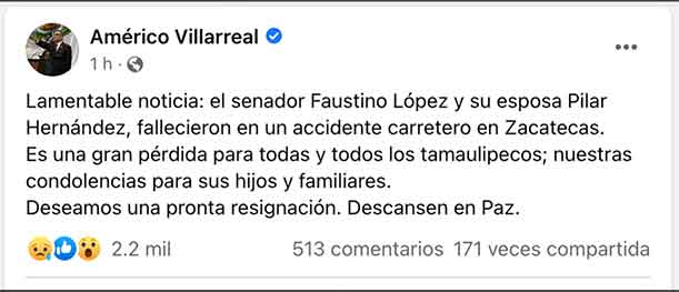 Gobernador lamenta muerte de senador Faustino y esposa 1 tuit