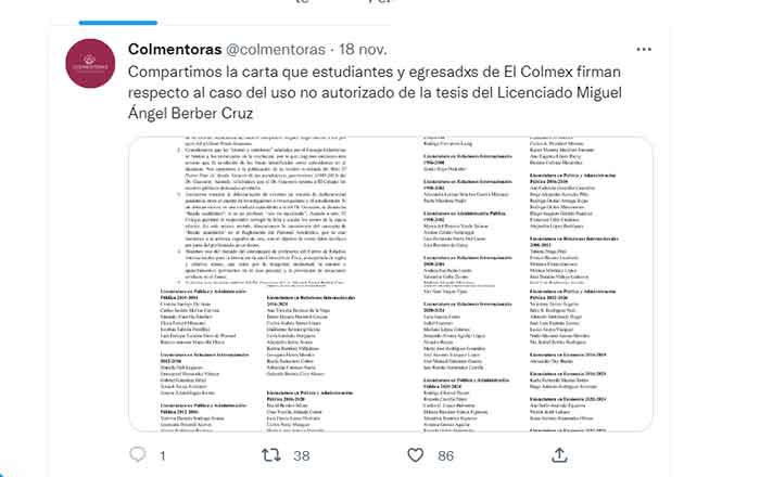 Comunidad del Colmex publica carta ante denuncia de plagio 1 TUIT