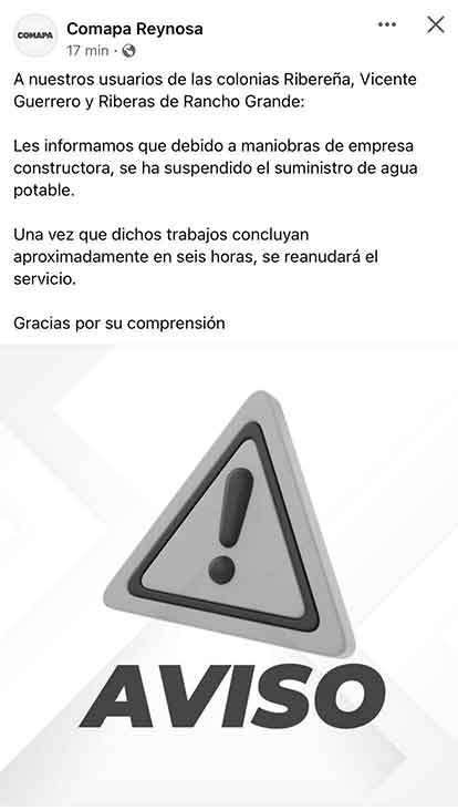 Comapa suspende servicio de agua por obras de constructora 1 AVISO 1