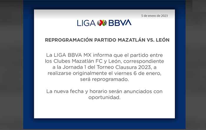 Posponen Mazatlán vs León de la jornada 1 1 AVISO 2