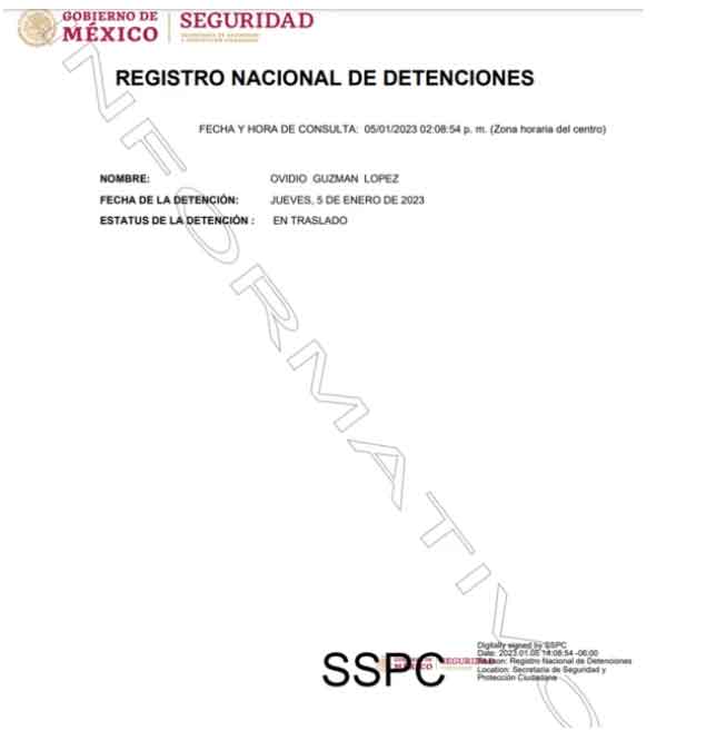 Esta es la ficha de detención de Ovidio Guzmán 'El Ratón' 1 FICHA
