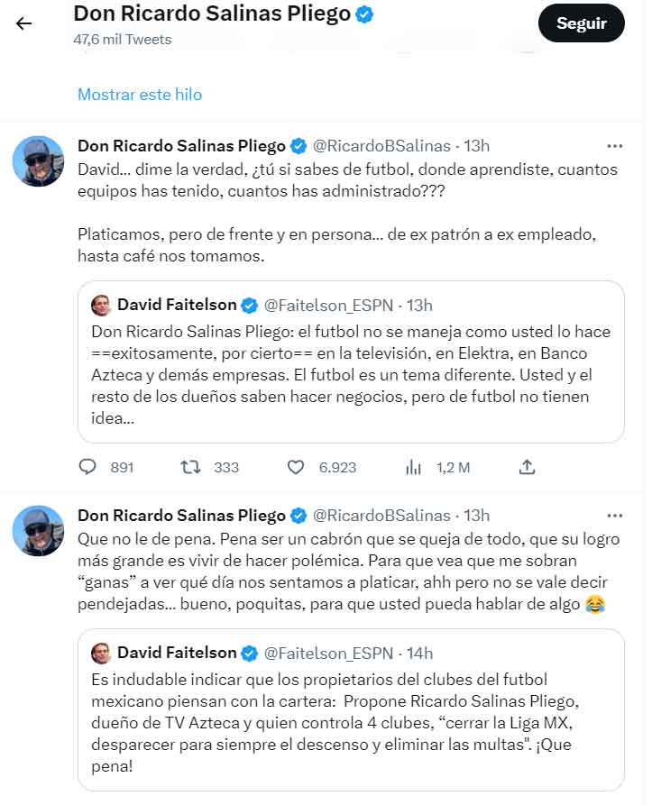 Salinas Pliego y David Faitelson pelean en Twitter 1 TUITS