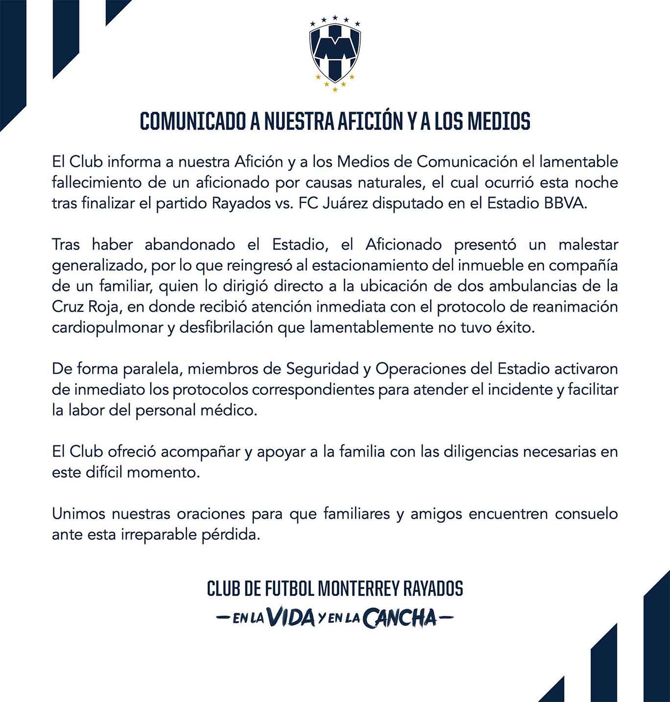 Confirma Rayados deceso de aficionado 1 COMUNICADO