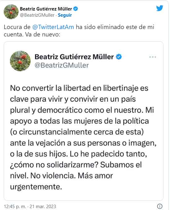 Beatriz Gutiérrez Müller acusa a Twitter de eliminar mensaje 1 TUIT
