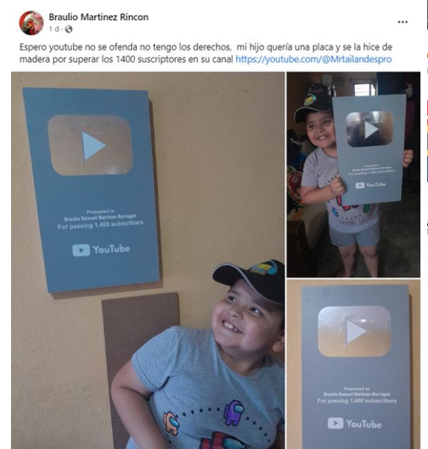 Papá crea placa de YouTube para su hijo 1 Captura de pantalla 2023 05 25 a las 4.17.10 p.m