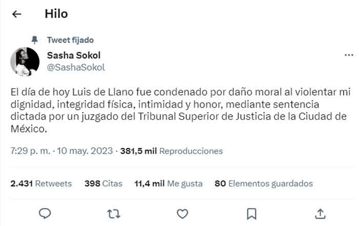 Sasha Sokol gana demanda contra Luis de Llano por daño moral 2 TUIT 2
