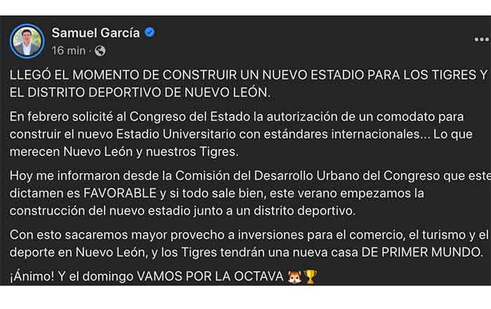 Ya se aprobó comodato para nuevo estadio de Tigres: Samuel 2 TUIT 5