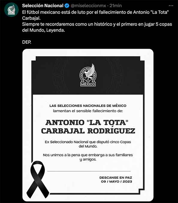 Lamenta el mundo deportivo fallecimiento de 'La Tota' Carbajal 2 TUIT SELECCION